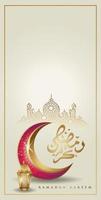 ramadan kareem con lujosa luna creciente dorada y linterna tradicional, vector de tarjeta de felicitación ornamentada islámica de plantilla para diseño de papel tapiz de interfaz móvil teléfonos inteligentes, móviles, dispositivos.