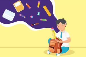 schoolboy opening schoolbag vector