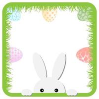 Easter frame with rabbit and eggs in grass.