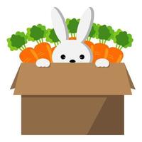 conejo de pascua y zanahorias en caja de bardboard. vector