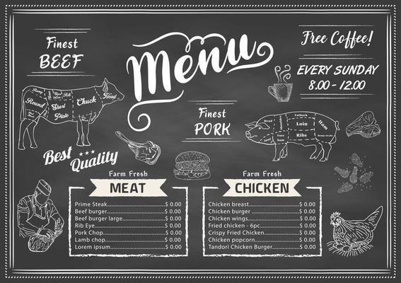 Chalkboard restaurant menu. Vector.