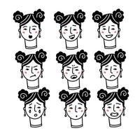 Female Faces expressions with feelings, moods, emotion. Set of one woman portraits. Happy, sad, angry, Surprised, shy, excited, suspense, intense and tired character face.Linear doodle vector sketch.