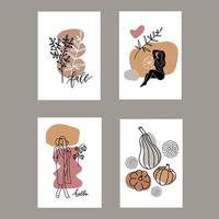 Set of autumn artistic greeting cards, invitations or posters. Pumpkins , branches and abstract geometric shapes. Minimalist vector drawings in A4 size. Fall, Thanksgiving or kitchen posters, wall art