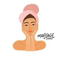 Cute girl in towel preparing to do massage according to the scheme of massage lines on face isolated on white background. Flat Vector cartoon illustration. concept of body, face care. Lettering quote