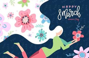 International Women s Day. Cute greeting card with woman illustration in flat style. Abstract flowers in the hair of a girl. Vector templates with hand lettering 8 March for card, poster, flyer