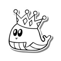 Cute cartoon Whale King Monochrome. Doodle on white silhouette and gray shadow. Vector illustration about aquatic animals for any design.