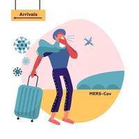 MERS-Cov middle East respiratory syndrome coronavirus , Novel coronavirus 2019-nCoV . Man blowing nose in a handkerchief. Male character with travel bag moves from direction of arrivals zone vector