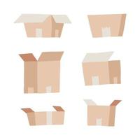 Carton delivery packaging set - open and closed. Collection of paper boxes. Flat vector illustration isolated on a white background