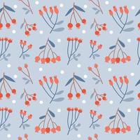 Christmas seamless pattern with red berries on branches, leaves and twigs. Festive plants ornate for New Year and xmas, decoration on blue background. Vector Flat illustration in scandinavian style.