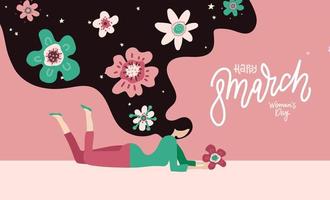 Happy Women's Day - 8 march. Lying Young woman with long hair with flowers. flat hand drawn vector illustration with line lettering