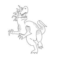 Angry dinosaur with open jaw. Page for coloring. Fantasy dangry dino character. Linear hand drawn vector illustration.