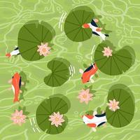 Top view of a Koi fishes or Asian carp swimming in a waterlily pond. Vector flat hand drawn illustration
