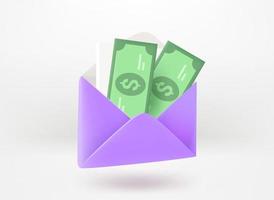 Sending money concept. Paper envelope with banknotes. 3d vector illustration