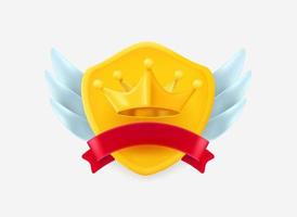 Roayl rating label with golden crown on a shield with wings and ribbon isolated on white background. 3d vector icon