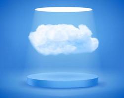 White cloud on blue interior with round podium. 3d Vector illustration