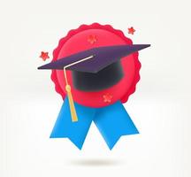 Graduation hat insignia. Achievement concept. 3d vector icon