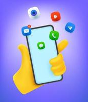 Hand holding modern smartphone with application icons. Comic 3d style vector illustration