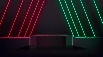 Dark room with red and green diagonal neons and pedestal. 3d vector showcase with copy space