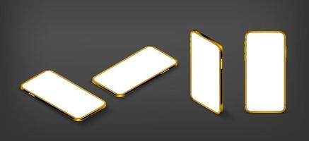 Golden smart phone with blank screen isometric vector mockup