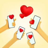 Fall in love concept with group of people and smartphones. 3d vector iluustration