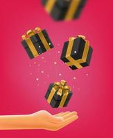 Human hand catching the gift boxes. 3d style vector illustration
