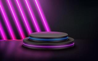 Dark room with vioolet diagonal neon and circle podium. 3d vector showcase with copy space