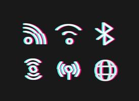 Wireless connection icons with glitch effect. Outline vector icons set isolated on black background