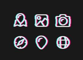 Travel thin line icons with glitch effect. Outline vector icons set isolated on black background