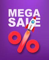 Discount banner with rocket. Mega sale. 3d vector illustration