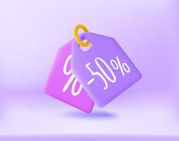 Shopping price tags on pink background. Fifty percent discount 3d vector illustration