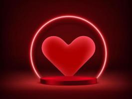 Illuminated showcase with red neon heart. Vector 3d illustration