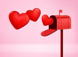 Mailing box with flying hearts. Mailing with love concept. 3d vector illustration