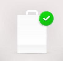 White paper shopping bag with checkmark. 3d vector icon