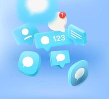Flying social media notification and icons. 3d vector banner with copy space