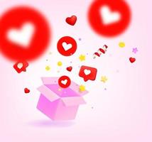 Open box with confetti and hearts. 3d vector illustration