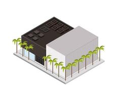 edificio isométrico y palmeras. vector