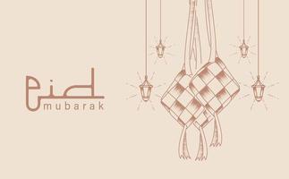 plantilla de eid mubarak con ketupat y estilo de línea de arte vector