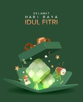 caja de regalos abierta festiva de diseño 3d de eid mubarak, ilustración de vector de sorpresa de regalo de vacaciones