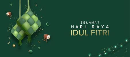 ketupat colgante realista en 3d en un fondo monótono verde adecuado para la ilustración de vector de plantilla de eid mubarak