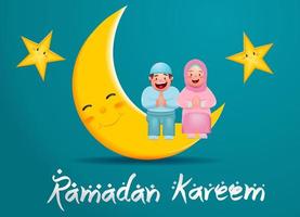 Ramadan Kareem and Eid Mubarak Vector Illustration, Happy Kids Greeting Eid al Fitr