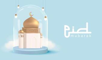 feliz pancarta de eid mubarak. bola de nieve con mezquita de figurillas en el interior. globo de nieve de cristal vector