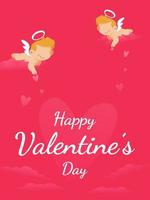 Happy Valentines Day Design with Two Cute Cupid Vector Illustration, Valentine's Day greeting card or banner design with cupid illustration and flying heart