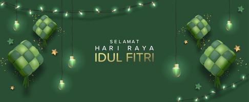 Eid Mubarak Template with 3D Realistic Ketupat Vector Illustartion, Eid Al Fitr with Islamic Ornament