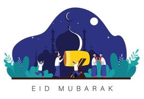 ramadan kareem y eid mubarak fondo vector ilustración, gente jugando bedug