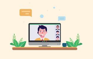 Online Meeting Vector Illustration, Video Conference Concept, Office People having Online Discusion