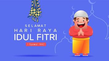 ramadan kareem y eid mubarak ilustración vectorial, niños lindos que usan ropa musulmana en hari raya idul fitri o aidilfitri, vector