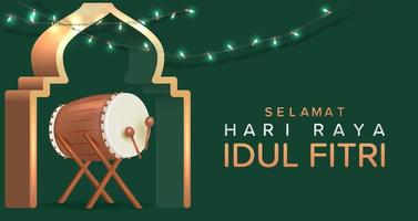 Eid Mubarak Display with 3D Realistic Bedug and Hanging Lamp in Dark Green Background Vector Illustration