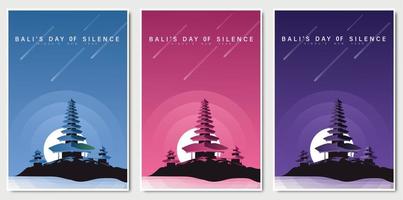 feliz día de silencio de bali e ilustración de vector de año nuevo hindú con fondo de pura ulun, día de nyepi y pancarta de afiche de hari raya saka