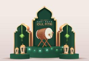 3D Eid Mubarak Design with Realistic Drum and Lantern Vector Illustration