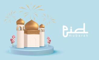 Eid Mubarak Holiday Background with 3D Realistic Mosque in Podium Vector Illustration